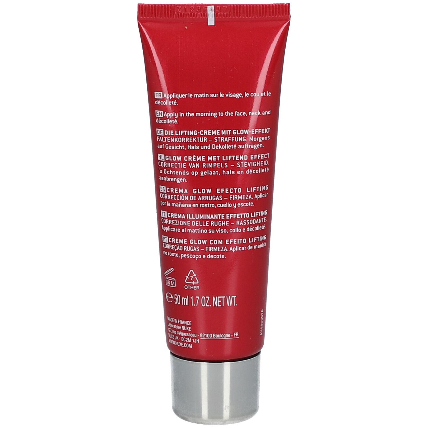 Dos du tube rouge. Texte multilingue, dont instructions d'utilisation et ingrédients. Volume : 50 ml.