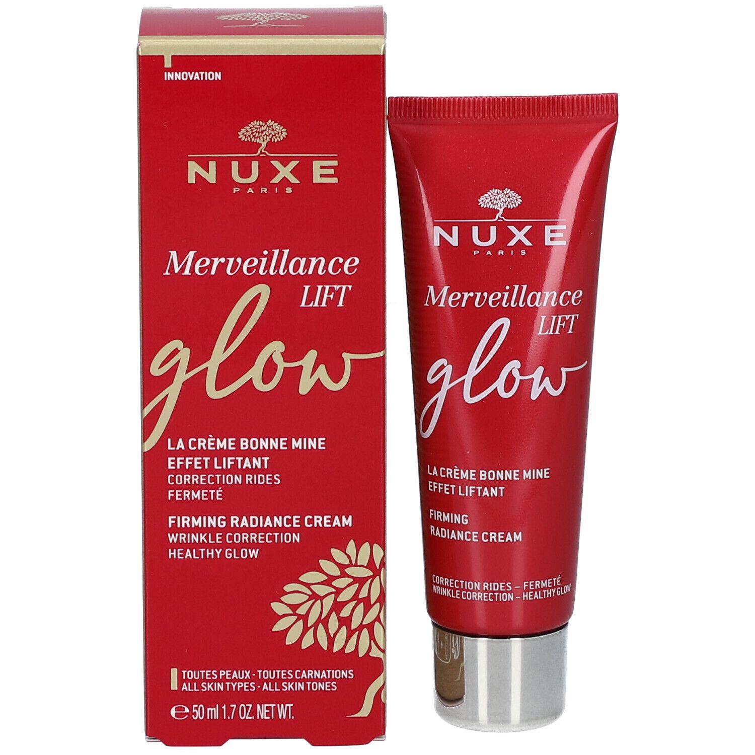 Boîte pliante et tube rouges. Inscription : Nuxe, Merveillance Lift glow, La Crème Bonne Mine, Firming Radiance Cream. Volume : 50 ml.