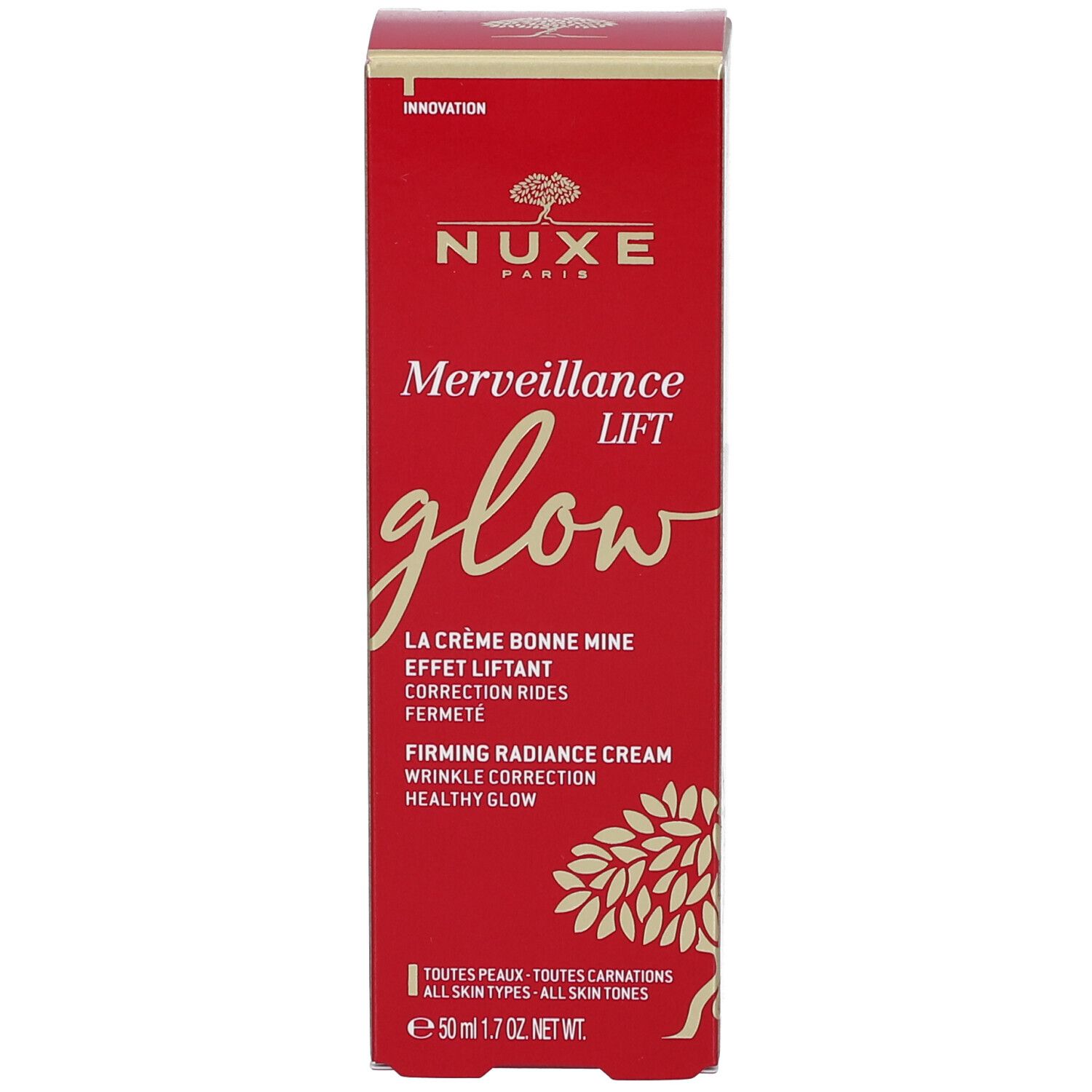 Boîte pliante rouge. Inscription : Nuxe, Merveillance Lift glow, La Crème Bonne Mine, Firming Radiance Cream. Volume : 50 ml.
