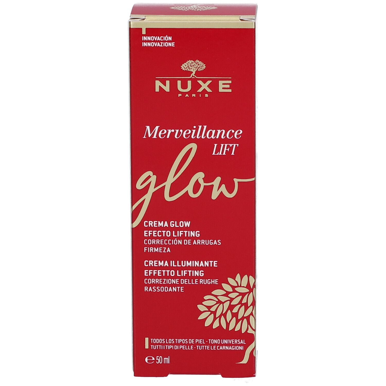 Boîte pliante rouge. Inscription : Nuxe, Merveillance Lift glow, Crème Glow, Efeito Lifting, Volume : 50 ml. Pour tous types de peau.