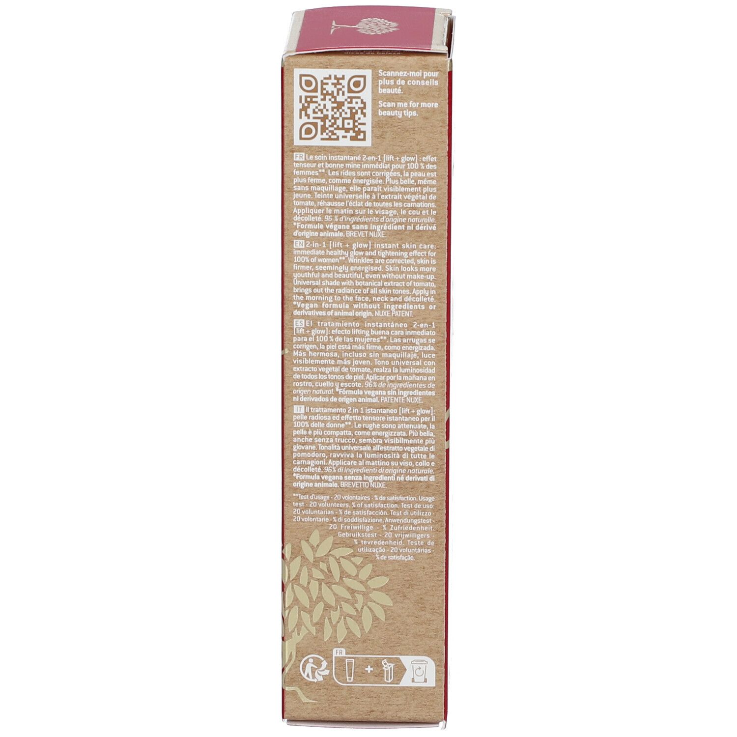 Côté de la boîte pliante. Texte multilingue, code QR. Illustrations. Logo végan. Volume : 50 ml.