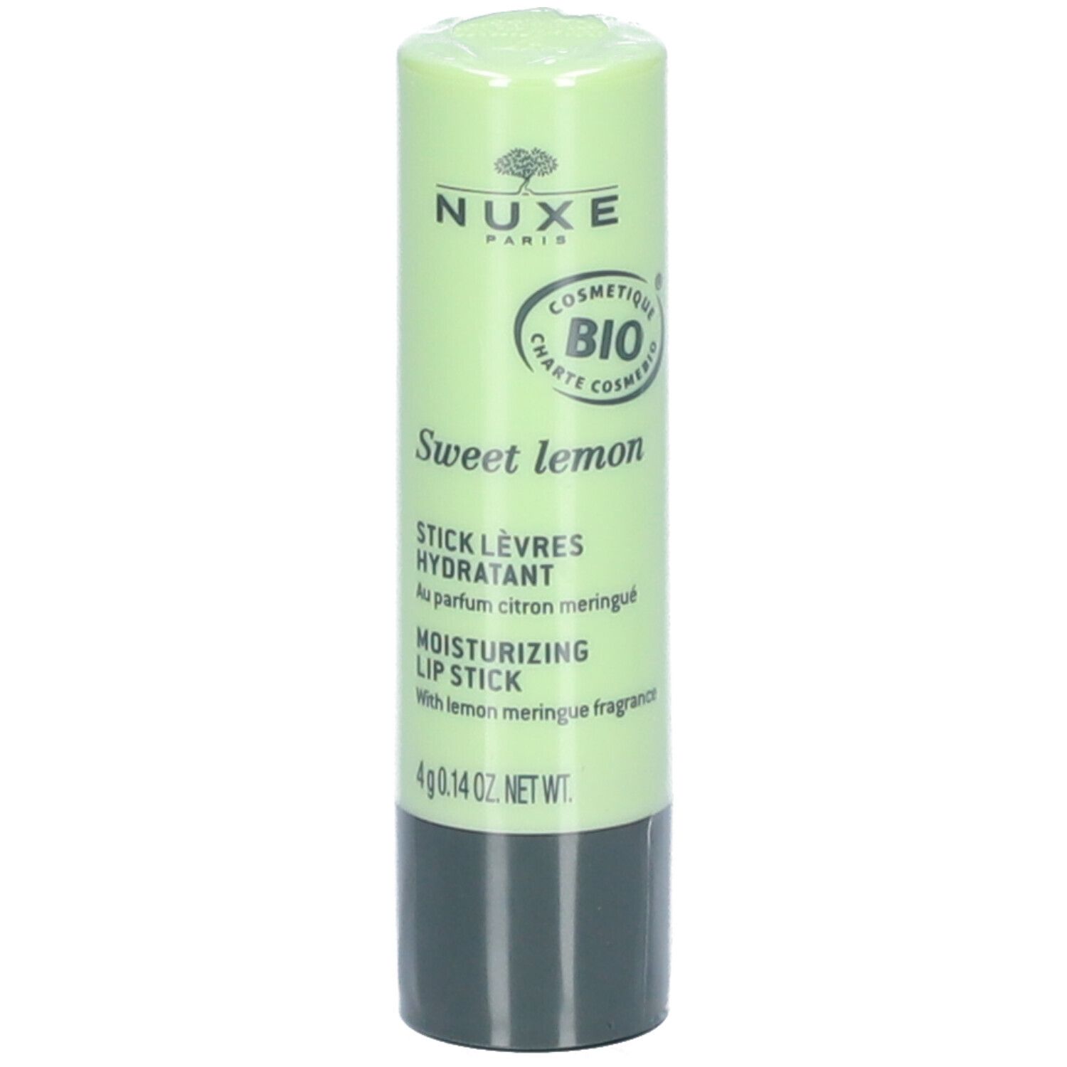 Lichtgroene lippenstift met zwarte basis. Opschrift: NUXE, Sweet lemon, COSMETIQUE BIO.