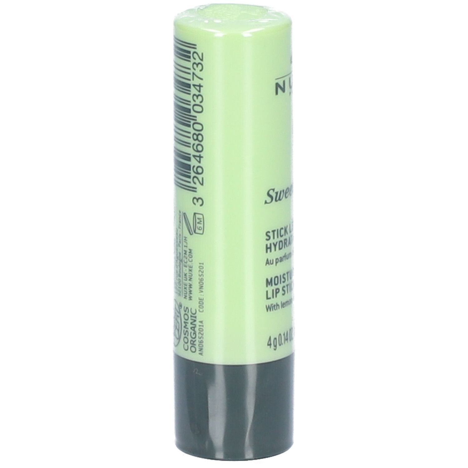 Lichtgroene lippenstift met zwarte basis. Barcode en tekst op de achterkant.