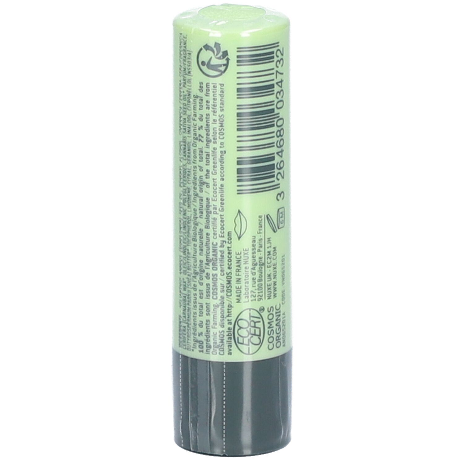 Achterkant van de lippenstift. Tekst en logo's, waaronder COSMOS ORGANIC.