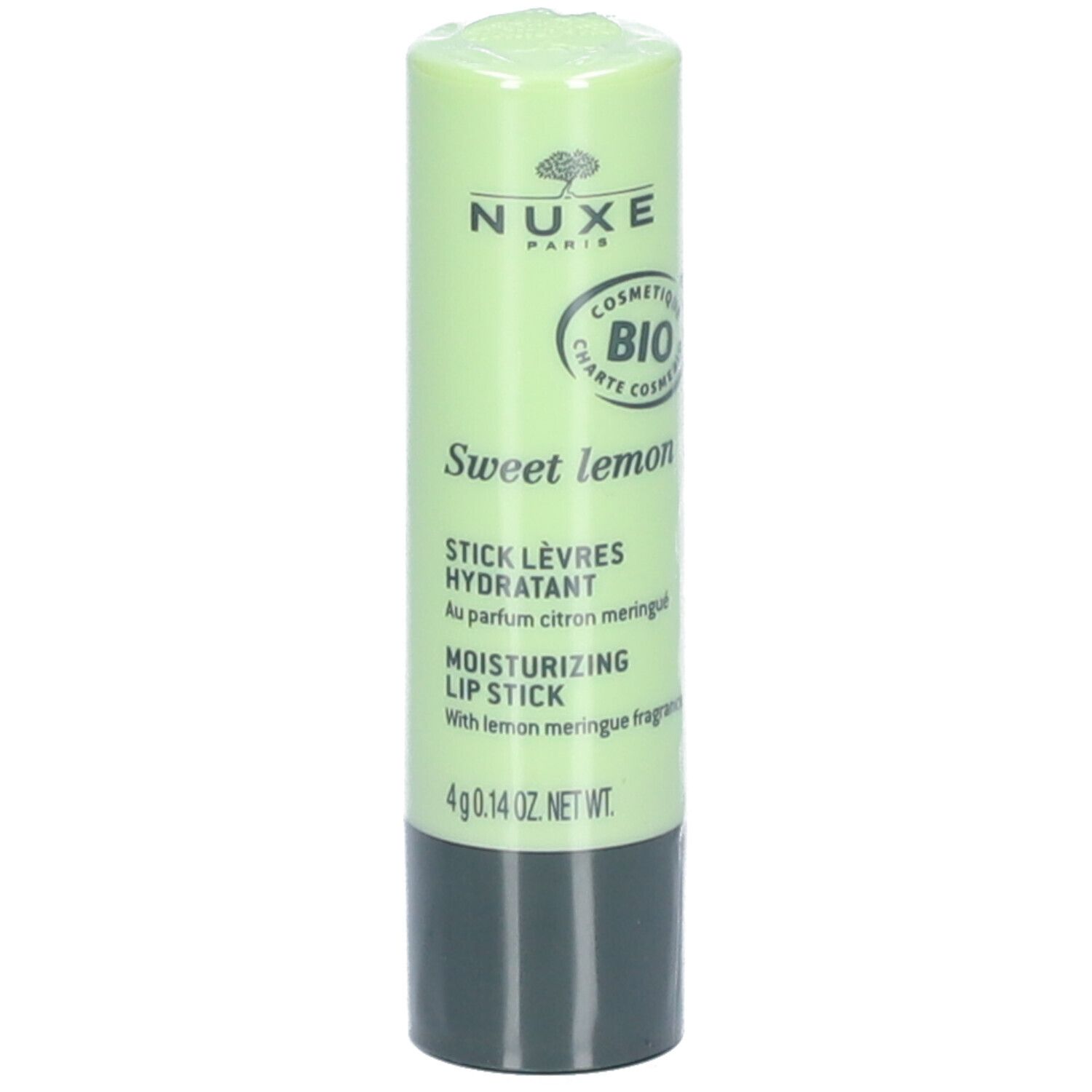 Lichtgroene lippenstift met zwarte basis. Opschrift: NUXE, Sweet lemon, COSMETIQUE BIO.