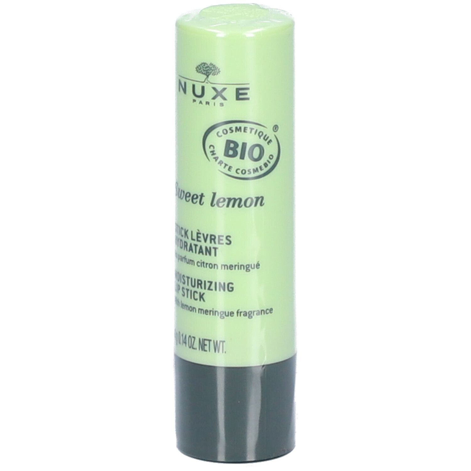 Lichtgroene lippenstift met zwarte basis. Opschrift: NUXE, Sweet lemon, COSMETIQUE BIO.