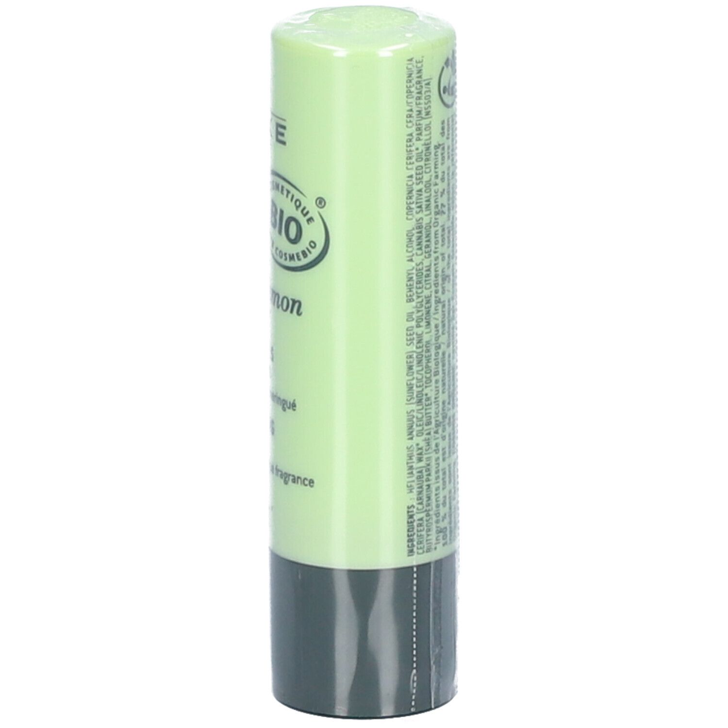 Achterkant van de lippenstift. Tekst en logo's, waaronder COSMOS ORGANIC.