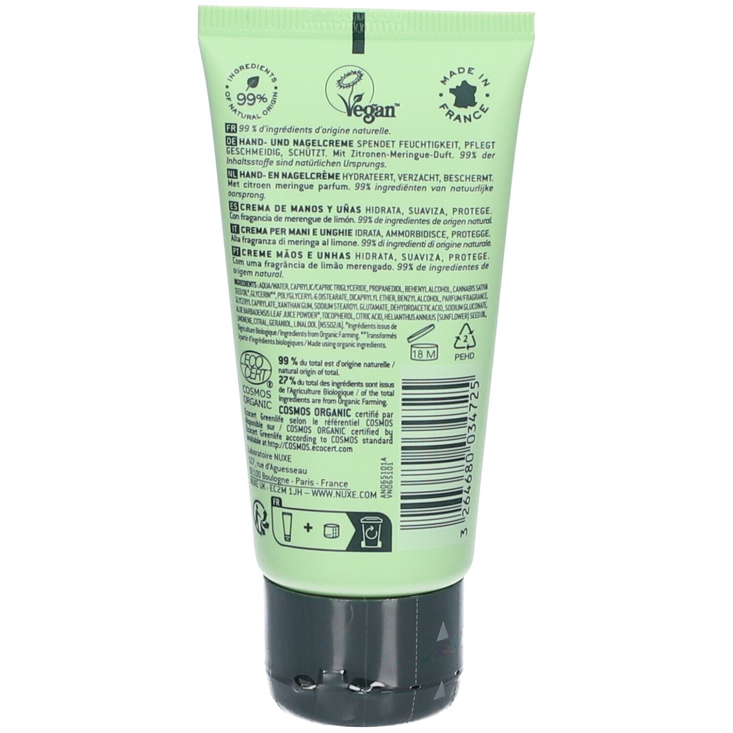 Achterkant groene tube NUXE Hand- und Nagelcreme, Sweet Lemon. Tekst: "Vegan".