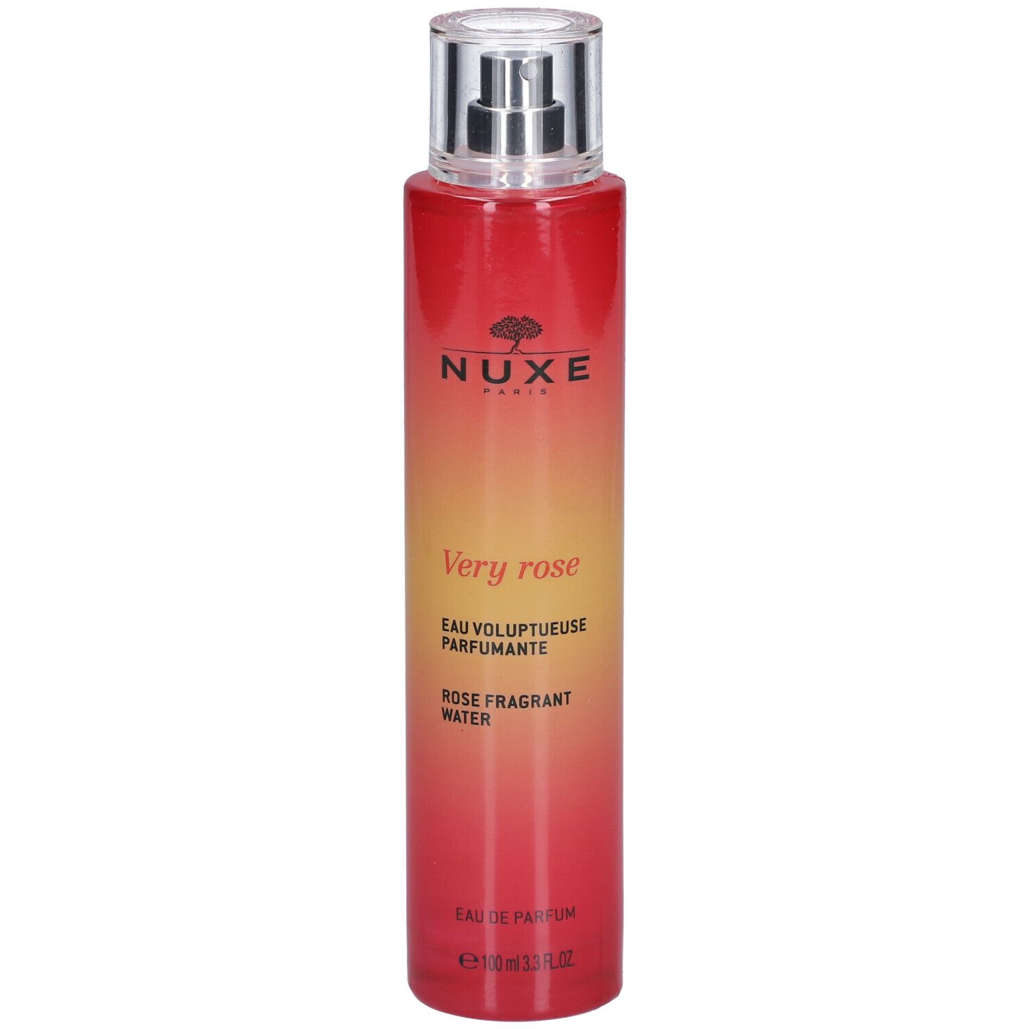Flacon rouge et jaune avec vaporisateur. Inscriptions: NUXE Paris, Very Rose, Eau voluptueuse parfumante, Rose fragrant water.