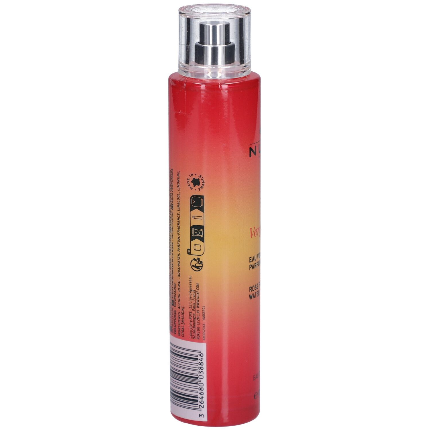 Flacon rouge et jaune. Texte et code-barres au dos. Inscriptions: NUXE Paris, Very Rose, Eau voluptueuse parfumante.