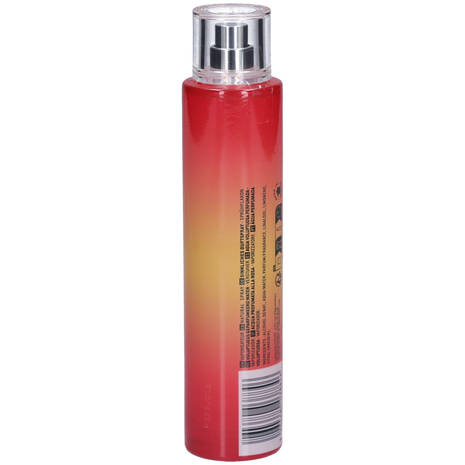 Flacon rouge et jaune. Texte et code-barres au dos. Inscriptions: NUXE Paris, Very Rose, Eau voluptueuse parfumante.