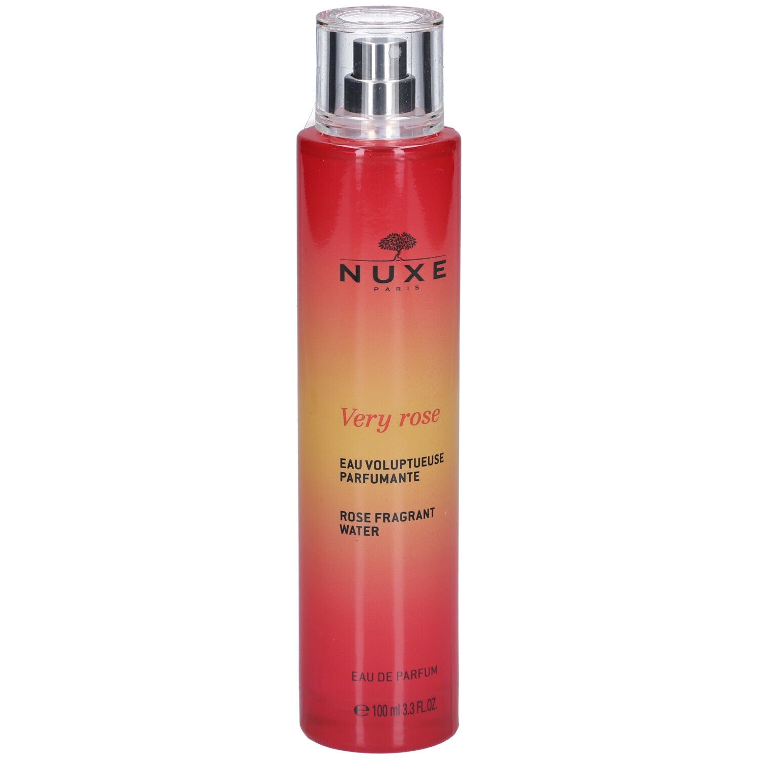 Flacon rouge et jaune avec vaporisateur. Inscriptions: NUXE Paris, Very Rose, Eau voluptueuse parfumante, Rose fragrant water.