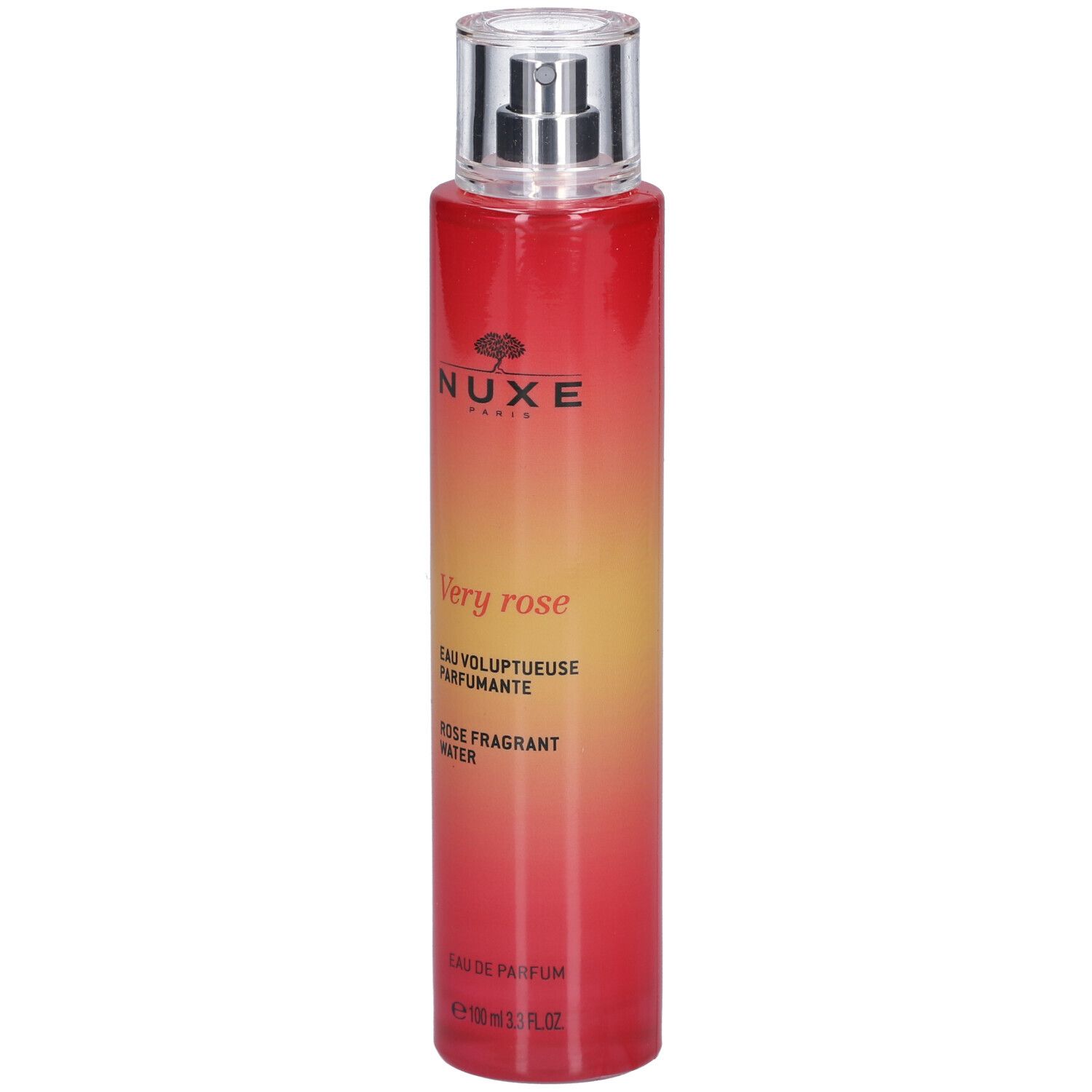 Flacon rouge et jaune avec vaporisateur. Inscriptions: NUXE Paris, Very Rose, Eau voluptueuse parfumante, Rose fragrant water.