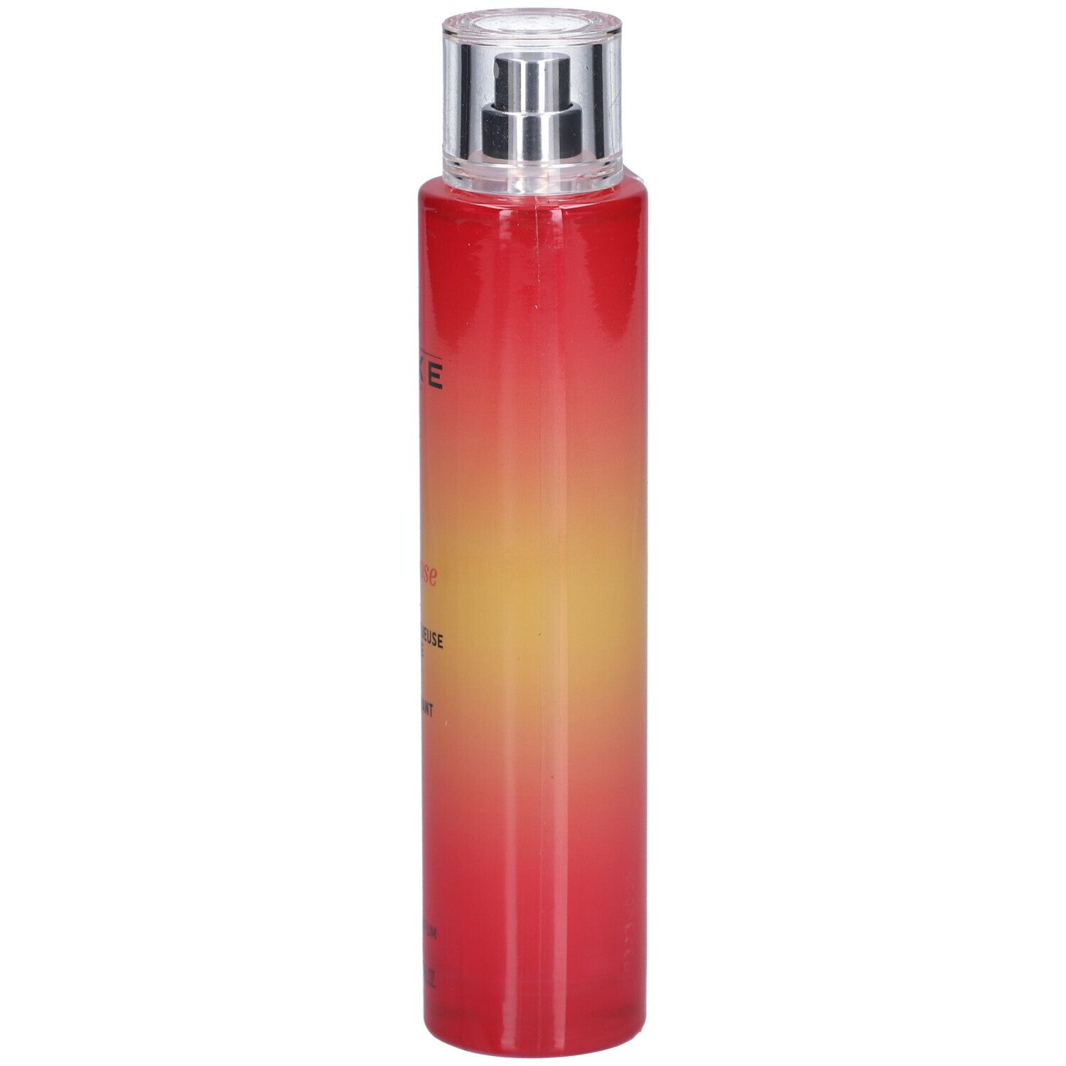 Flacon rouge et jaune avec vaporisateur. Inscriptions: NUXE Paris, Very Rose, Eau voluptueuse parfumante, Rose fragrant water.