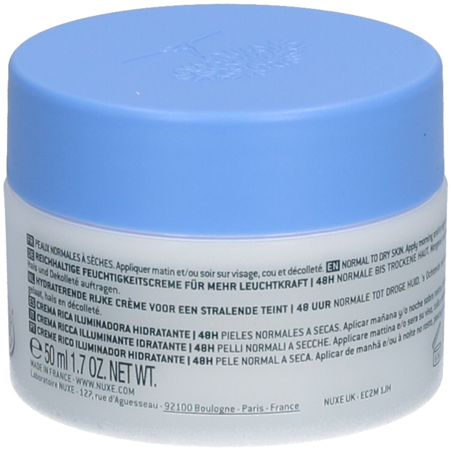 Pot de crème avec couvercle bleu. Inscription : NUXE Paris. Texte : 50 ml 1.7 OZ. NET WT. Crème hydratante riche.