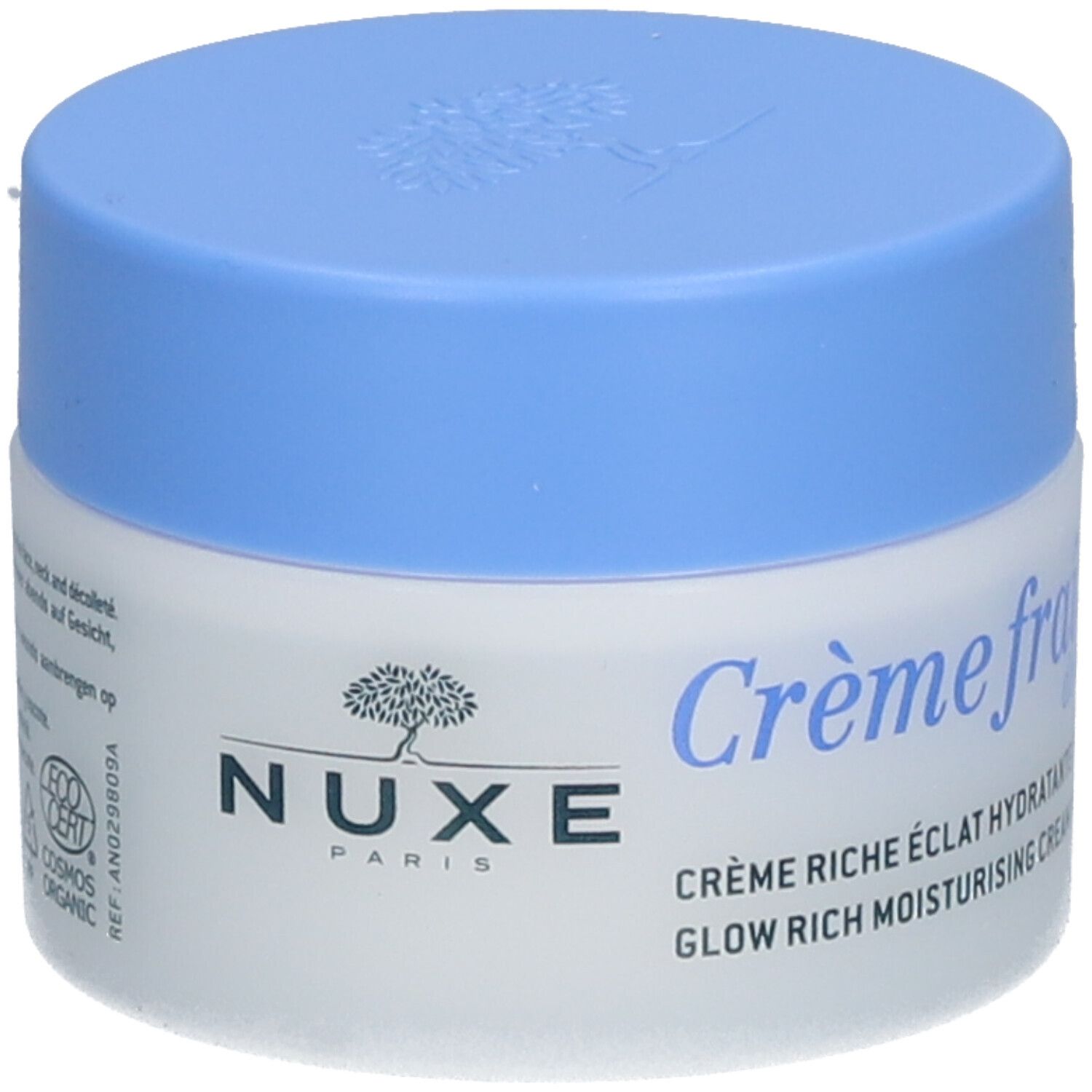 Pot de crème avec couvercle bleu. Inscription : Crème fraîche de beauté, NUXE Paris. COSMOS ORGANIC.