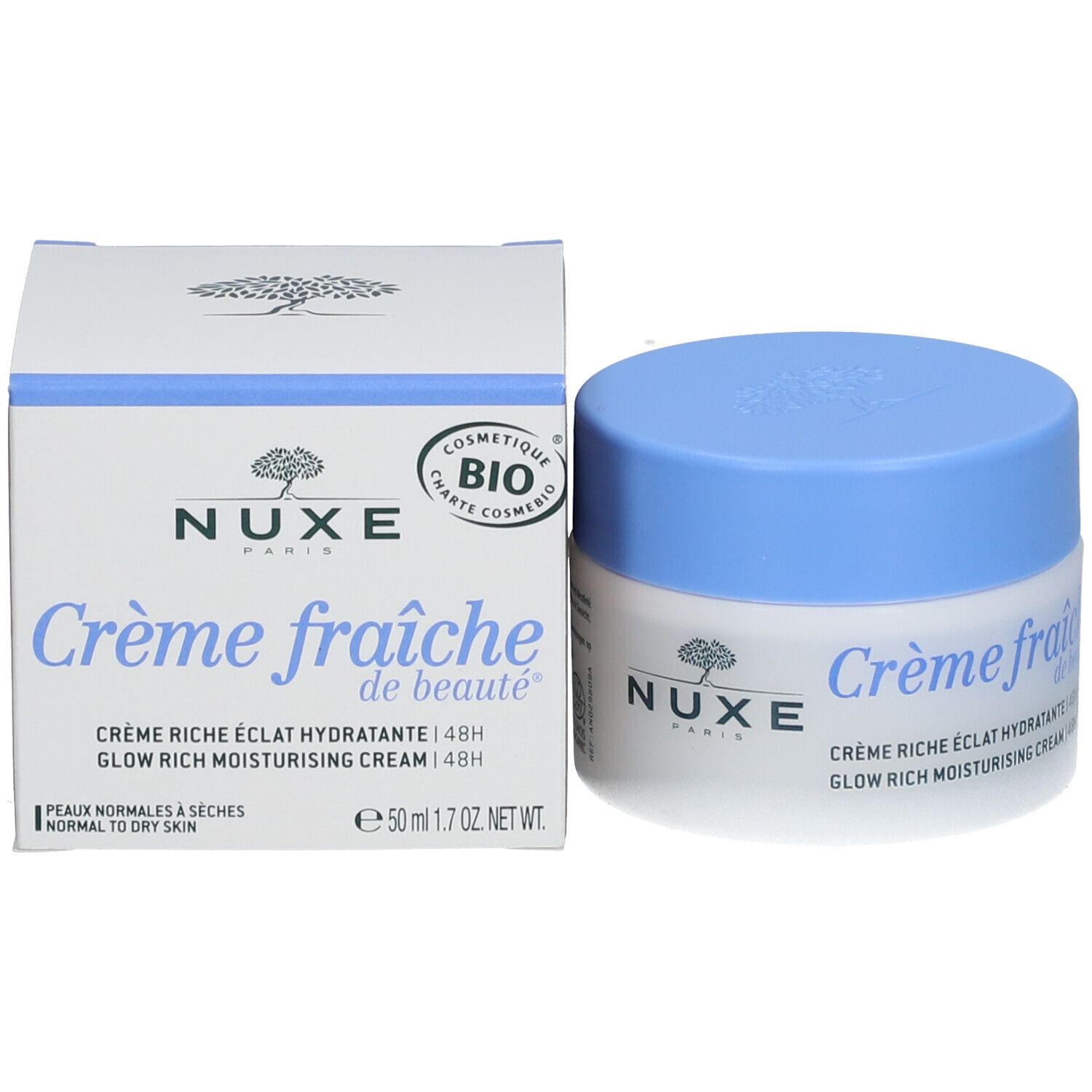 Pot de crème et boîte. Inscription : Crème fraîche de beauté, NUXE Paris. Texte : Crème riche éclat hydratante 48h.
