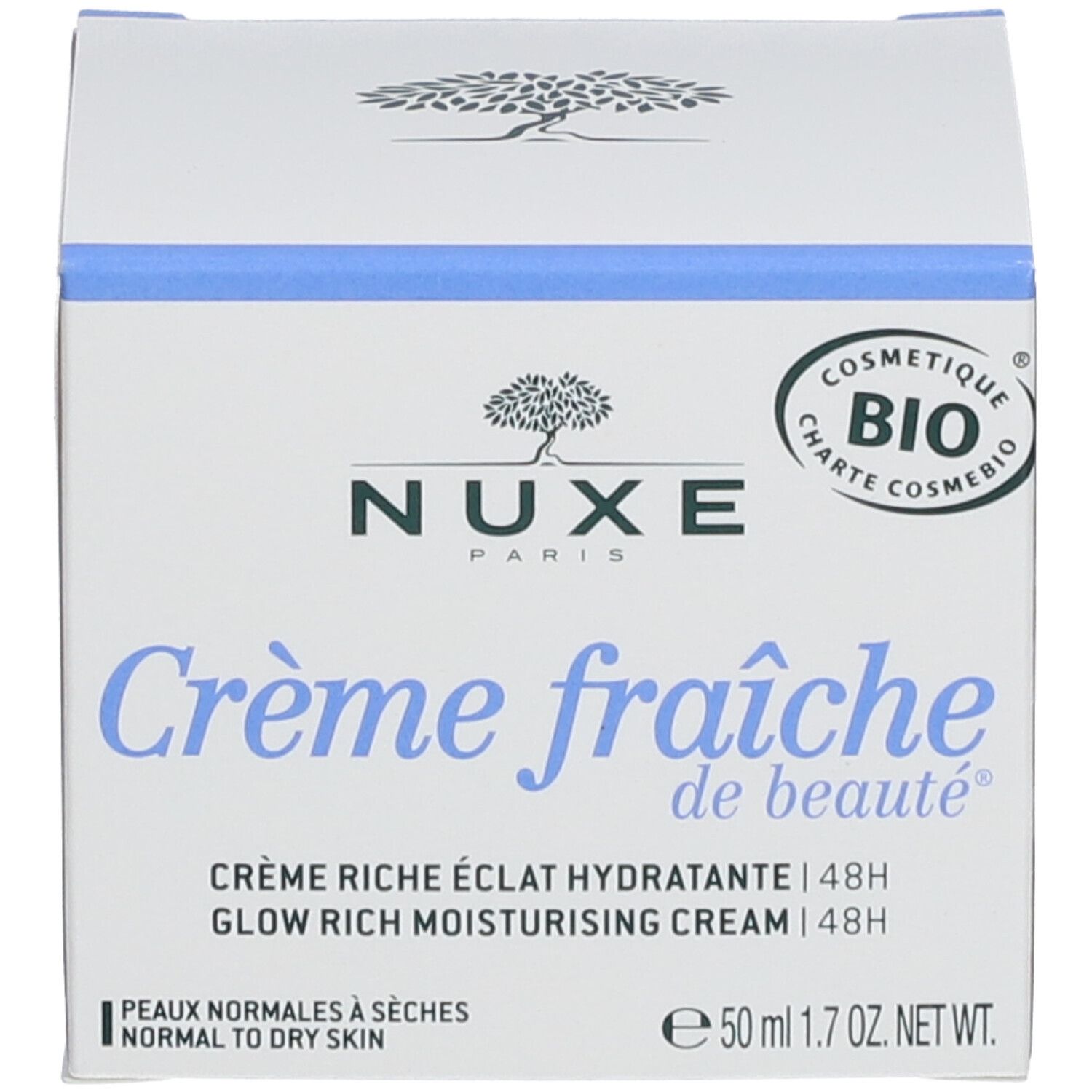 Boîte. Inscription : Crème fraîche de beauté, NUXE Paris. Texte : Crème riche éclat hydratante 48h. COSMETIQUE BIO.