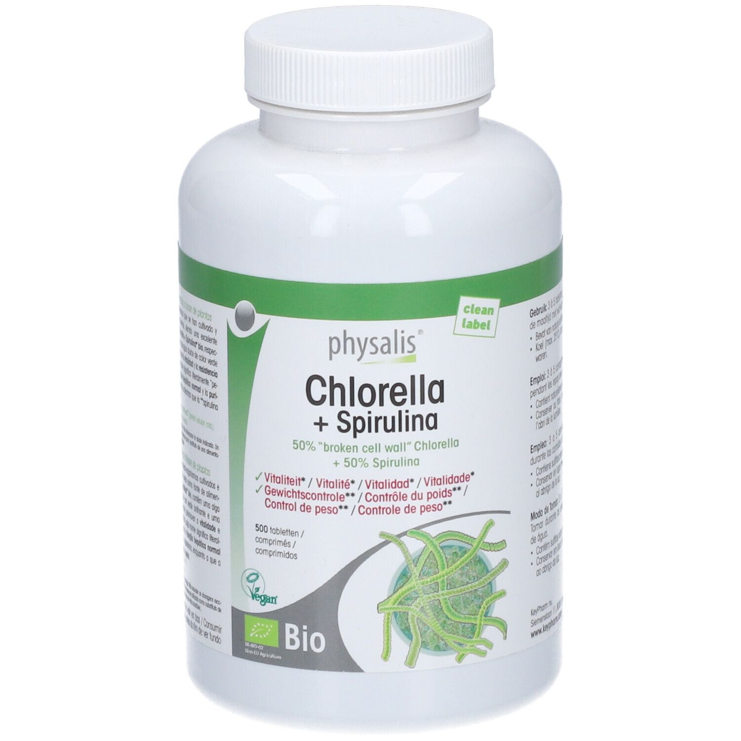 Witte fles PHYSALIS® Chlorella + Spirulina bio. Groen-witte etiketten. Vegan logo. 500 tabletten.