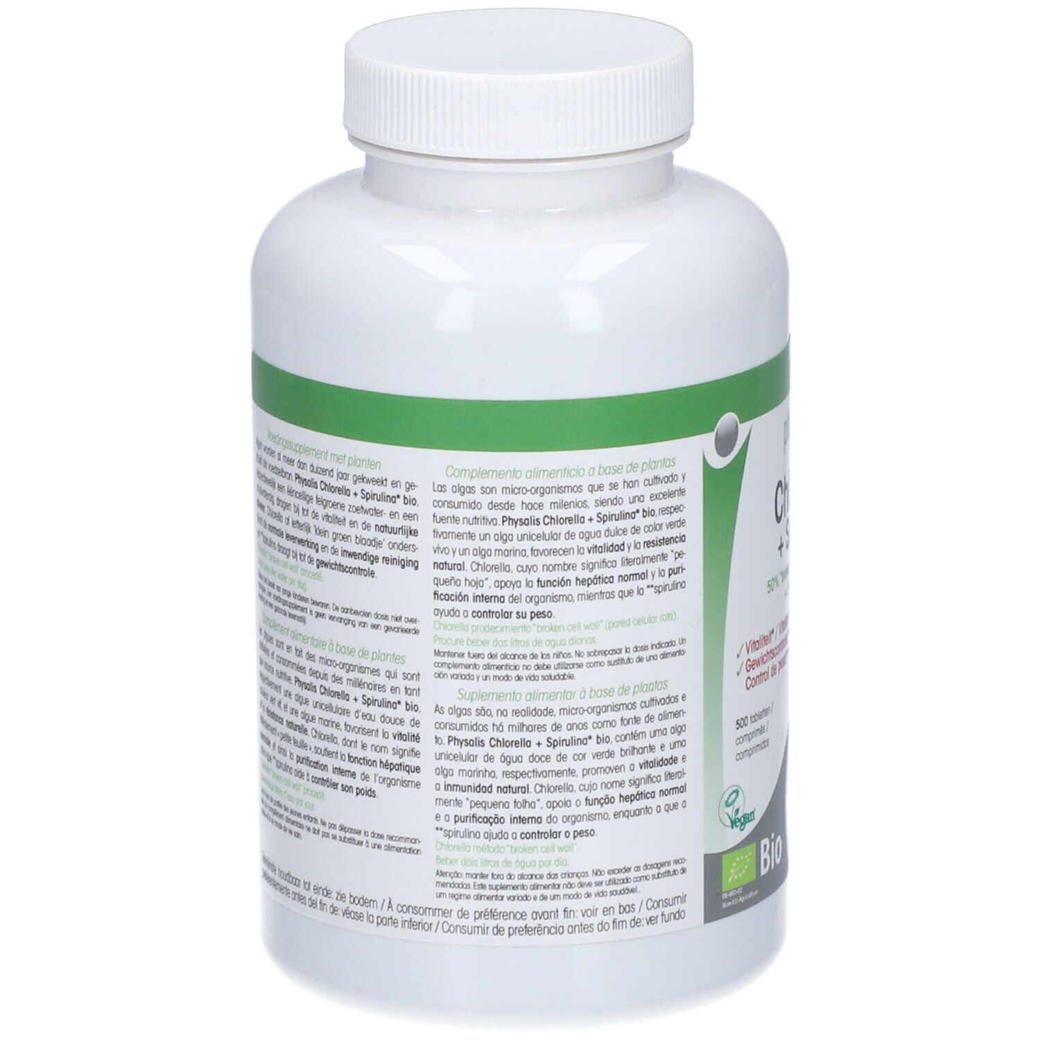 Achterkant witte fles PHYSALIS® Chlorella + Spirulina bio. Meertalige tekst. Vegan logo. Bio-certificering.