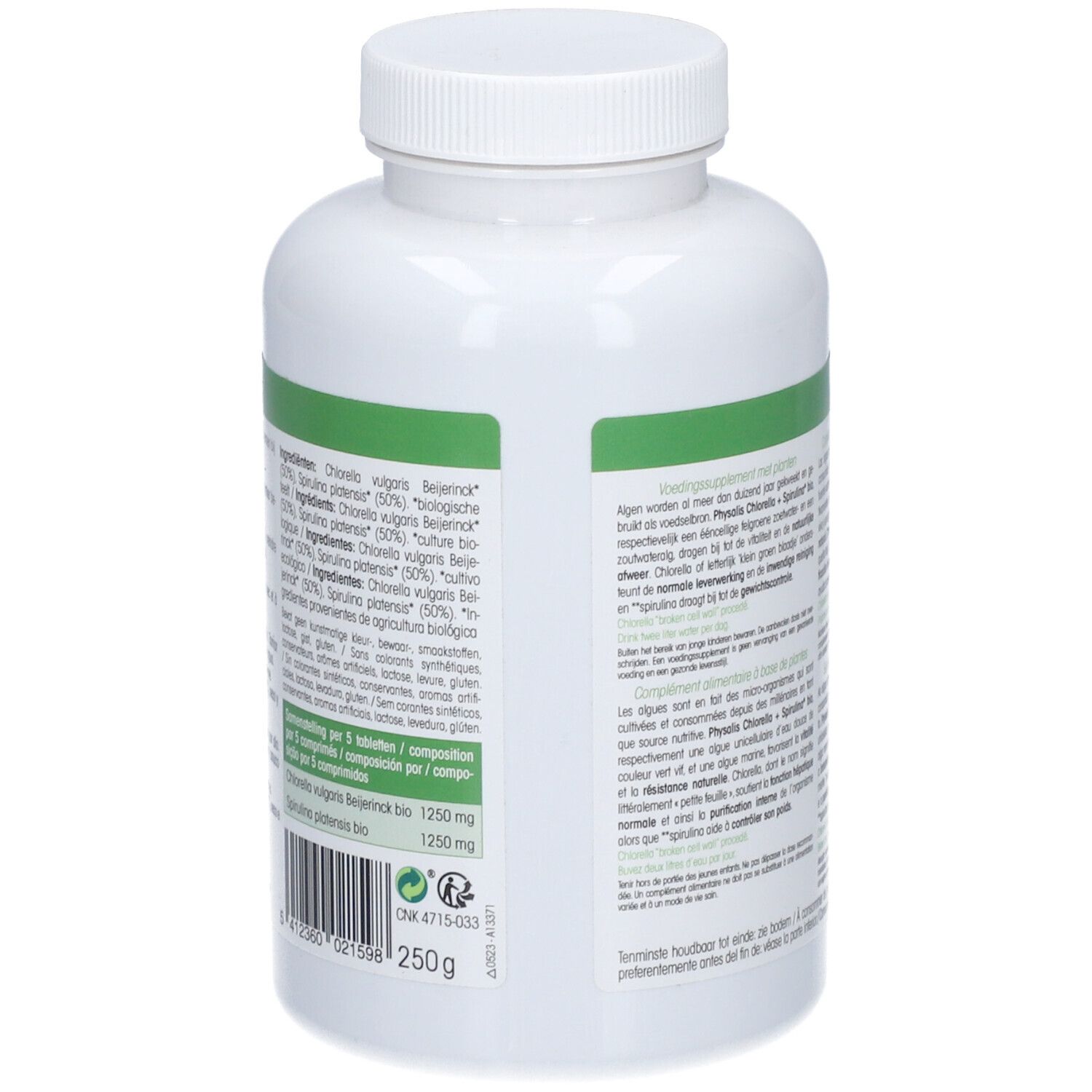 Achterkant witte fles PHYSALIS® Chlorella + Spirulina bio. Ingrediëntenlijst. Bio-certificering. 250g.