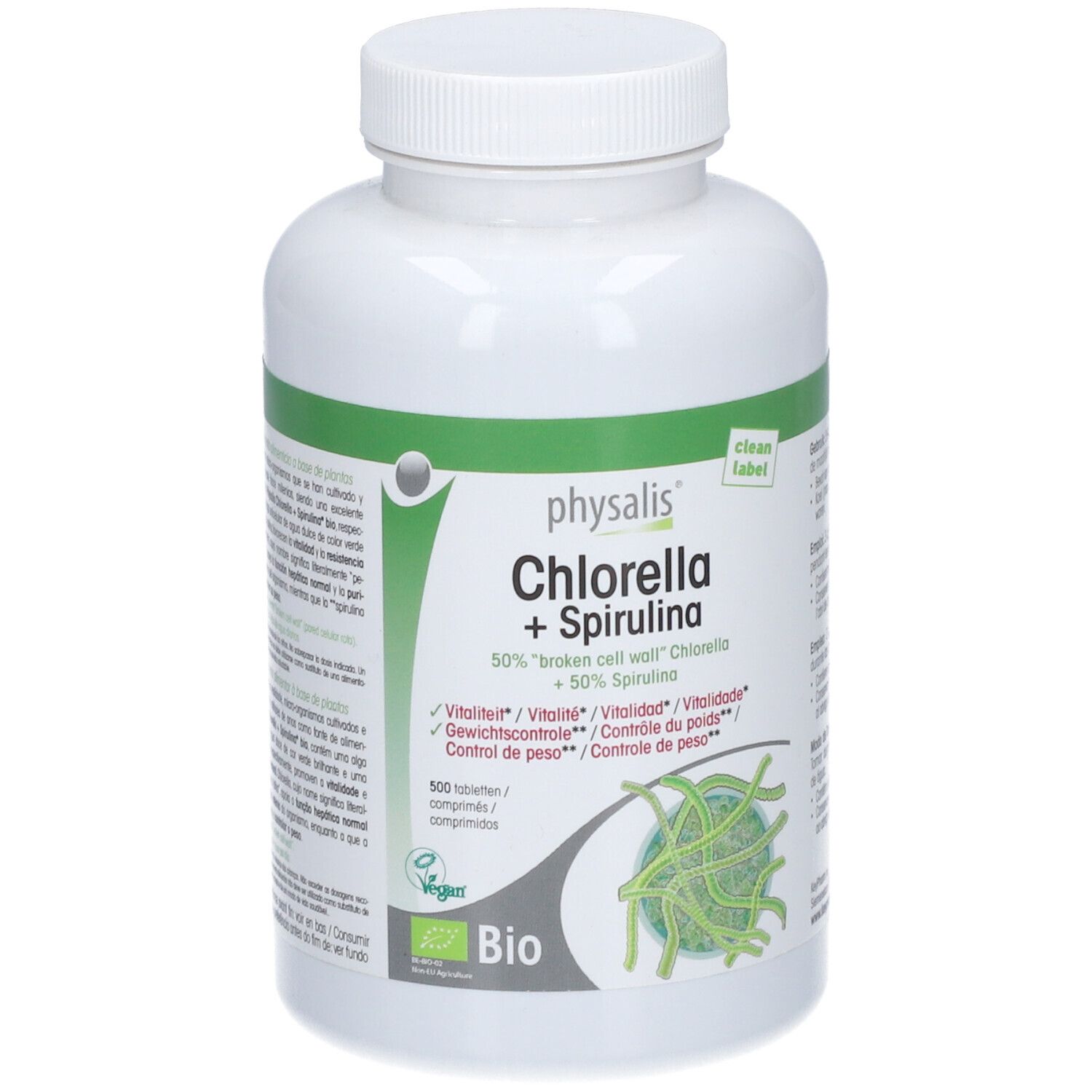 Witte fles PHYSALIS® Chlorella + Spirulina bio. Groen-wit etiket. Vegan logo. 500 tabletten.