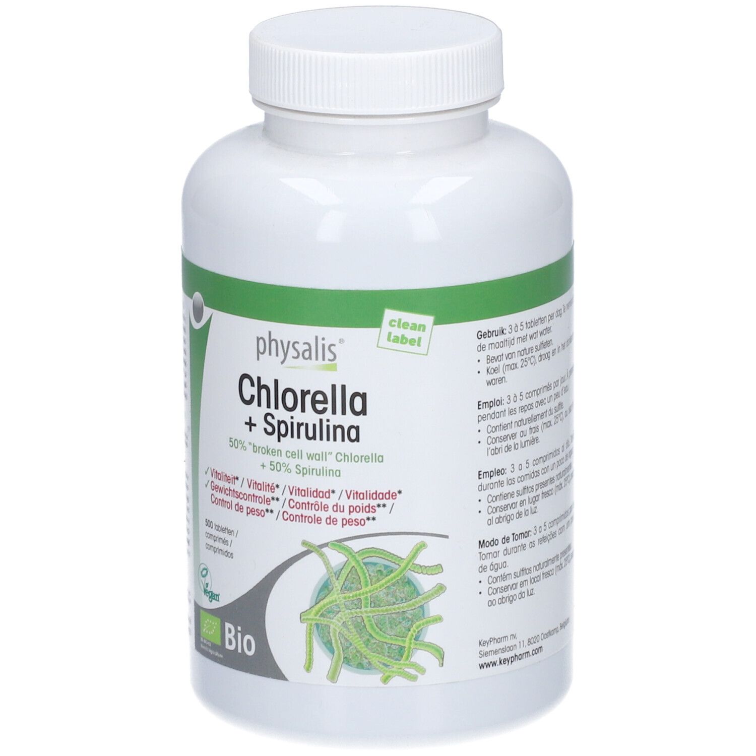 Witte fles PHYSALIS® Chlorella + Spirulina bio. Groen-wit etiket. Vegan logo. 500 tabletten. Gebruiksaanwijzing.