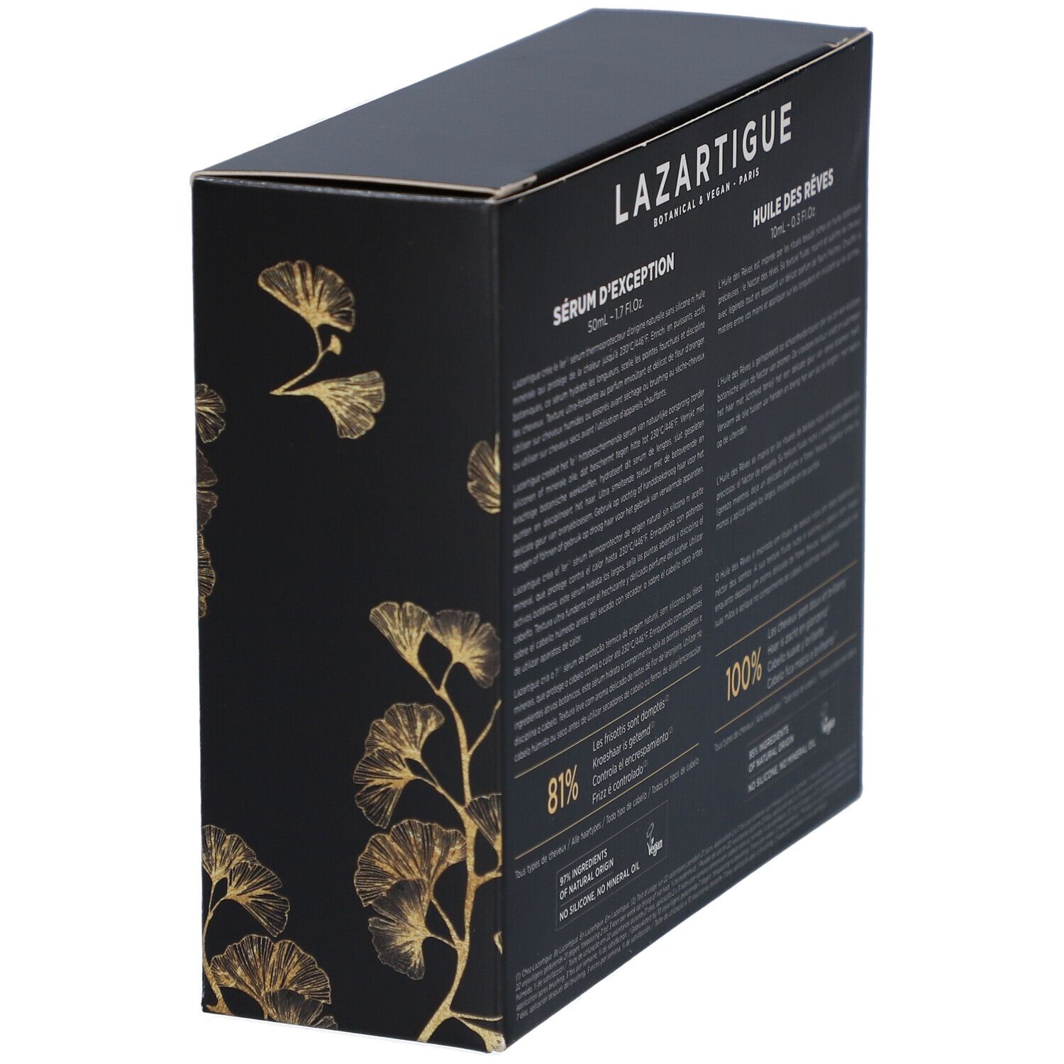 Coffret noir en biais. Texte LAZARTIGUE. Informations produit en français. Inscriptions: SÉRUM D'EXCEPTION, HUILE DES RÊVES. Vegan.