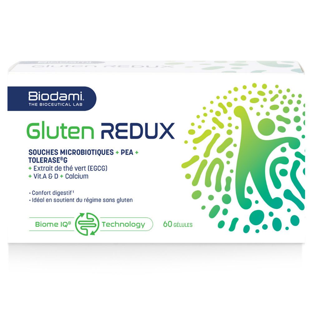 Boîte de Biodami Gluten Redux. Contient 60 gélules. Inscription : Gluten Redux, souches microbiotiques, PEA, Tolérase G.