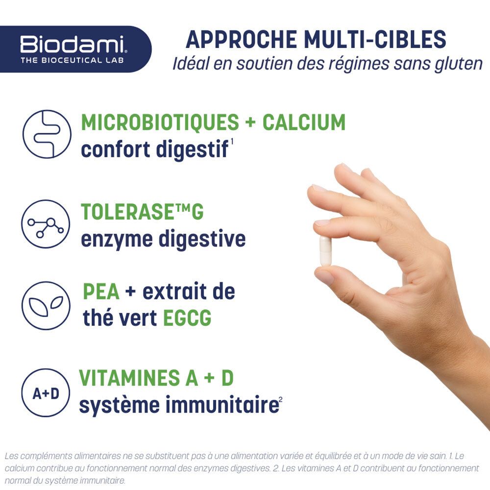 Boîte de Biodami Gluten Redux. Contient 60 gélules. Inscription : Gluten Redux, souches microbiotiques, PEA, Tolérase G.