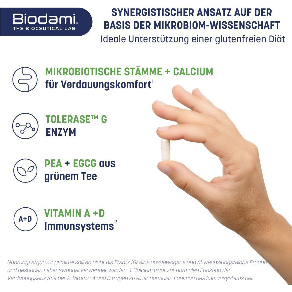 Hand houdt een capsule vast. Tekst: Microbiële stammen + calcium, Tolerase G enzym, PEA + EGCG uit groene thee, vitamine A + D.