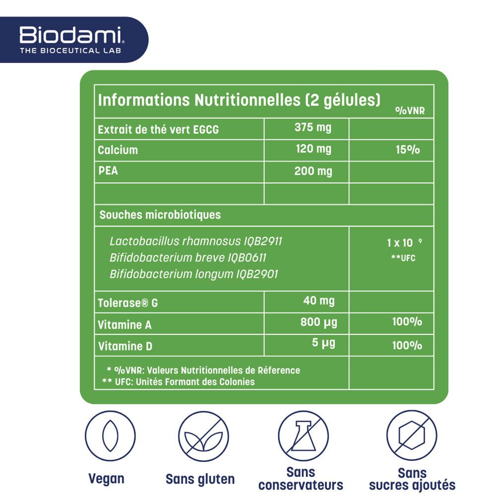 Tableau nutritionnel pour 2 gélules. Contient : Extrait de thé vert, calcium, PEA, complexe microbien, vitamine A, vitamine D.
