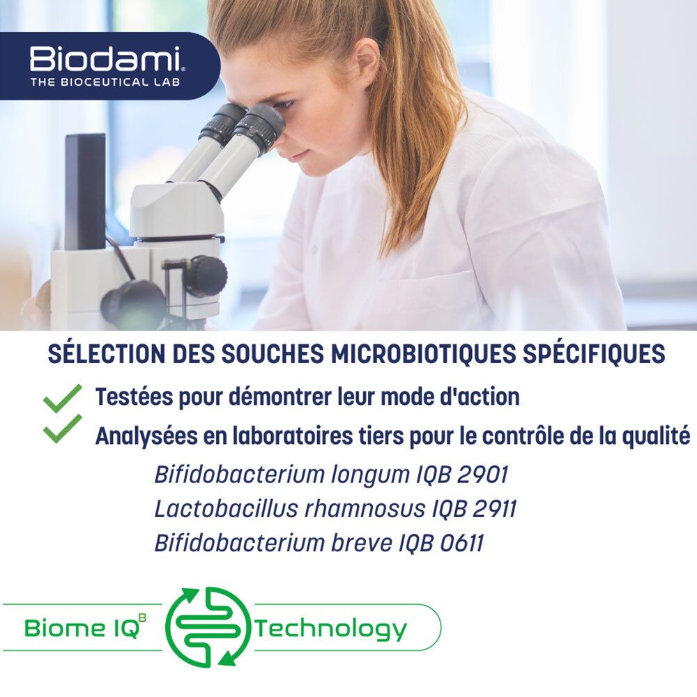 Femme regardant dans un microscope. Texte : Sélection de souches microbiennes spécifiques. Contient : Bifidobacterium longum, Lactobacillus rhamnosus.