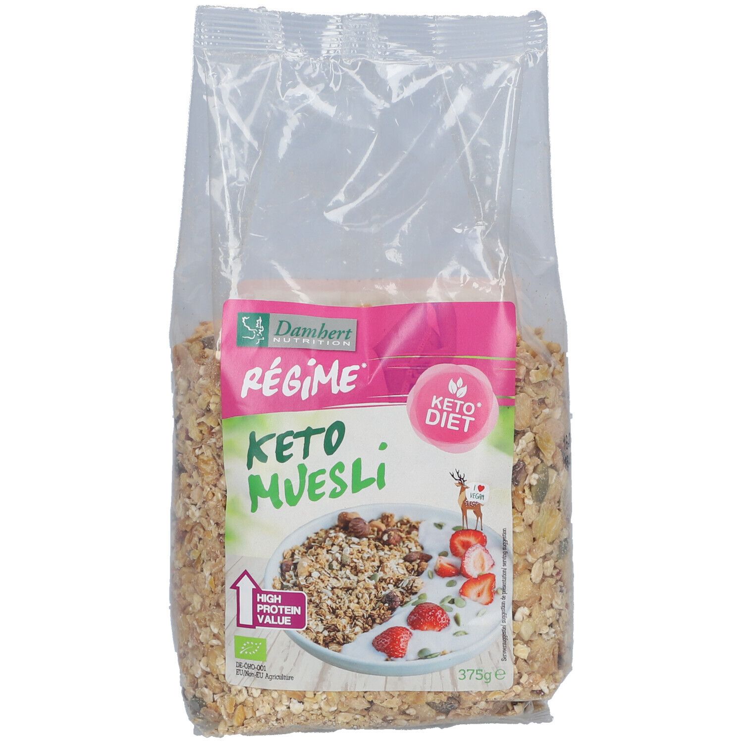 Transparante zak met keto muesli. Roze etiket met "Régime Keto Muesli". Afbeelding van muesli met aardbeien. Bio-keurmerk.
