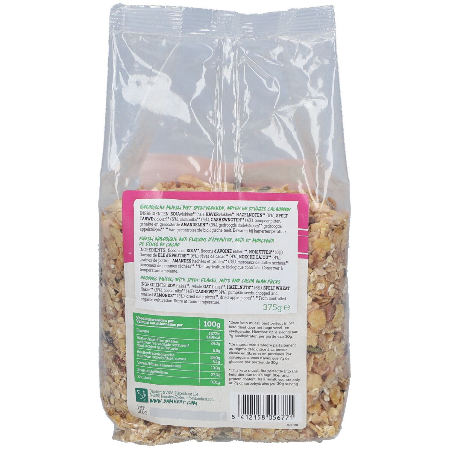Achterkant van de muesliverpakking. Transparante zak met tekst. Roze etiket met ingrediëntenlijst en voedingswaarde. 375g.