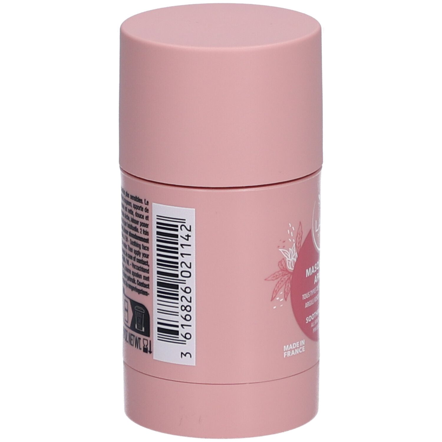 Rosa zylindrische Verpackung. Auf der Seite: Barcode, Produktinformationen. Hergestellt in Frankreich. LAINO-Logo und Produktname.