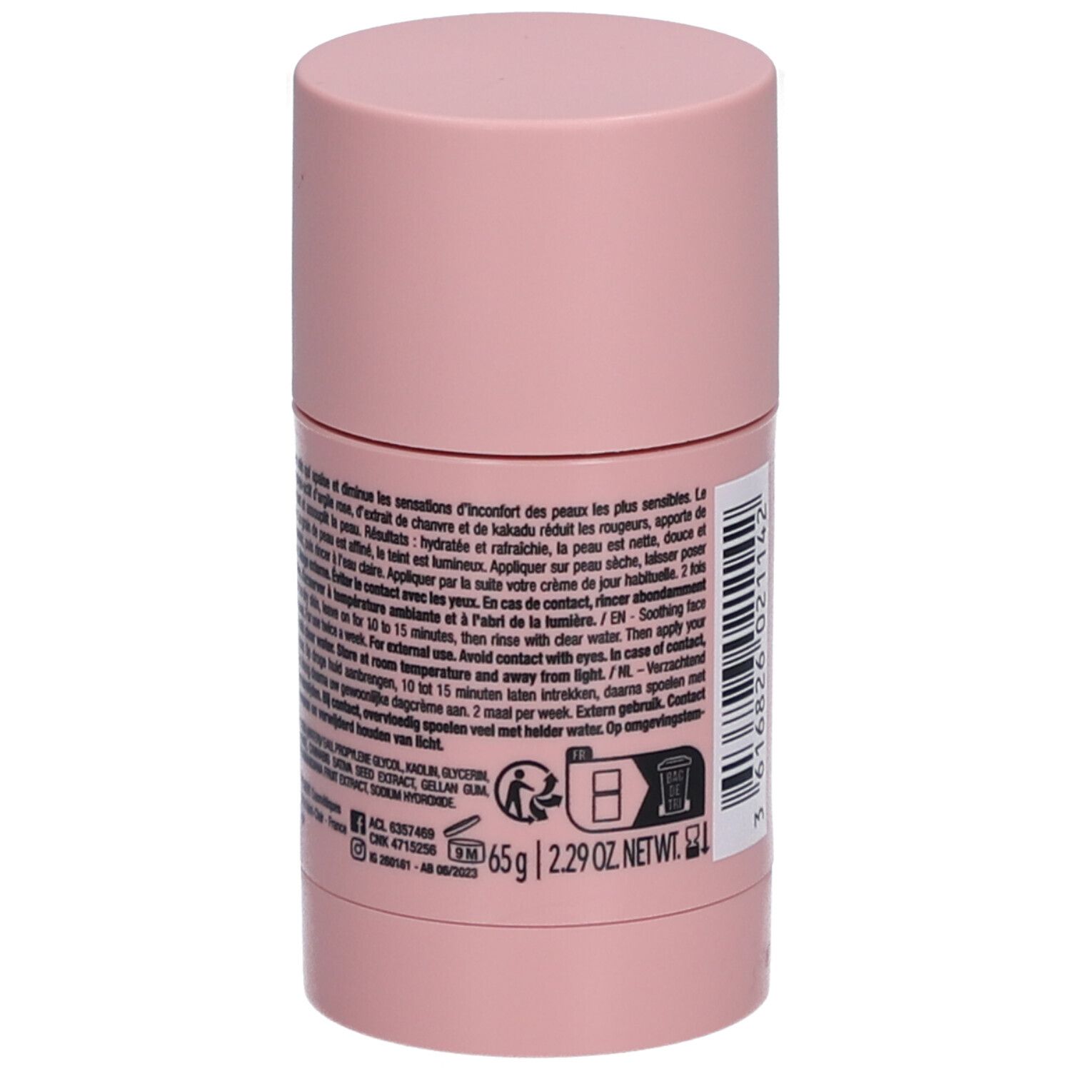 Rosa zylindrische Verpackung. Auf der Seite: Produktinformationen, Inhaltsstoffe, Gewicht 65g. Hergestellt in Frankreich. LAINO-Logo.