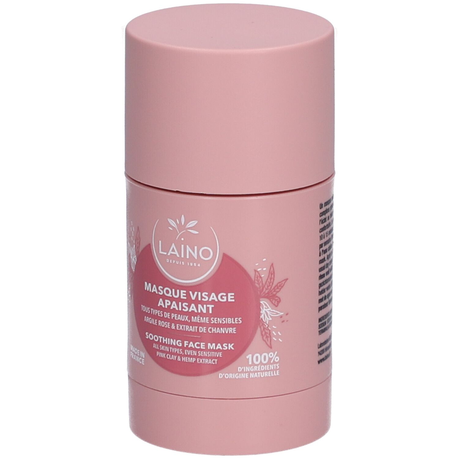 Rosa zylindrische Verpackung. Aufschrift: LAINO, Gesichtsmaske, beruhigend. Für alle Hauttypen, sogar empfindliche. Hergestellt in Frankreich.