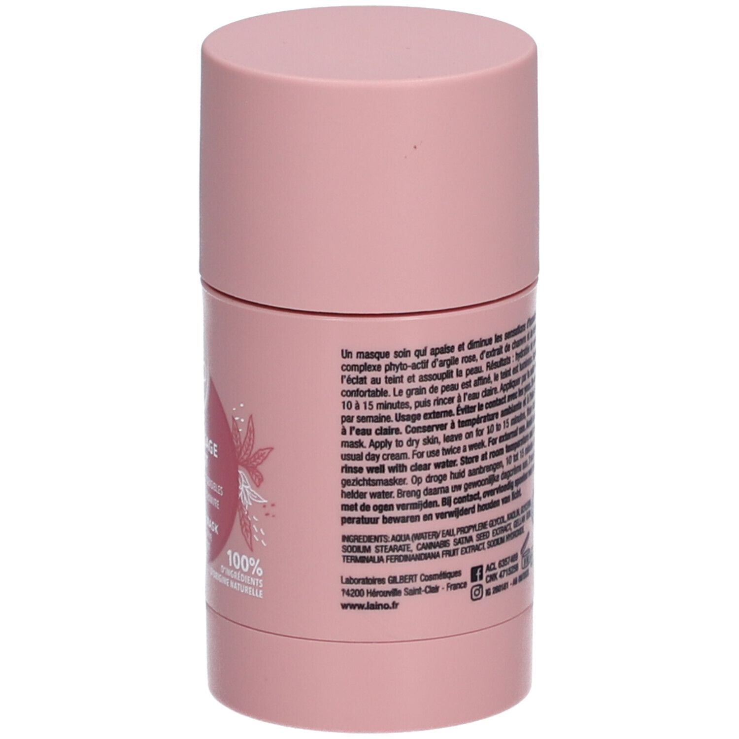 Rosa zylindrische Verpackung. Auf der Seite: Produktinformationen, Inhaltsstoffe, Gewicht 65g. Hergestellt in Frankreich. LAINO-Logo.