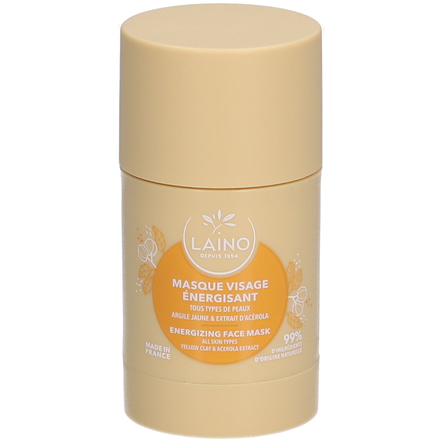 Beige zylindrische Verpackung. Aufkleber mit Produktinformationen und Logo. Text: Masque Visage Énergisant, Energizing Face Mask.