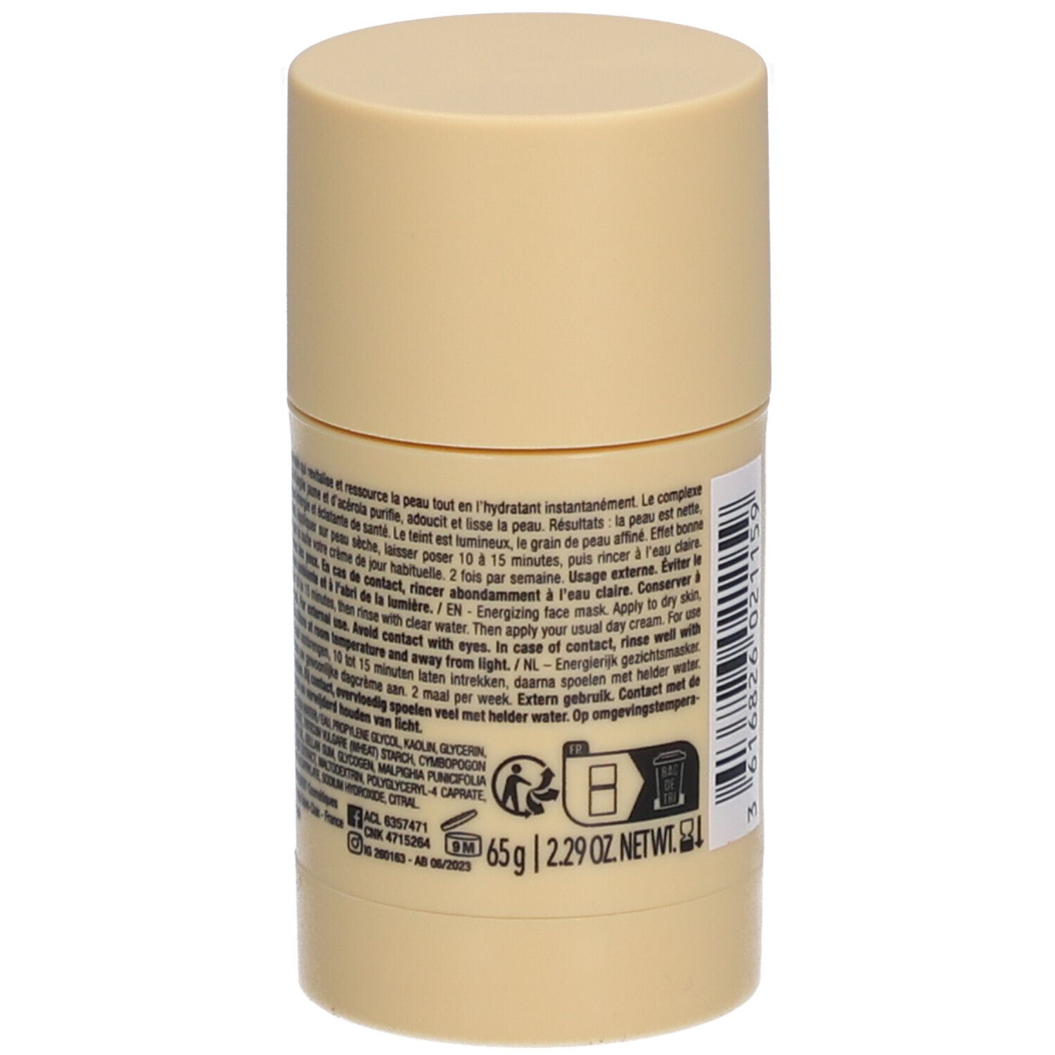 Beige zylindrische Verpackung. Text und Informationen auf Etikett. Text: 65g 2.29 OZ. NET WT.
