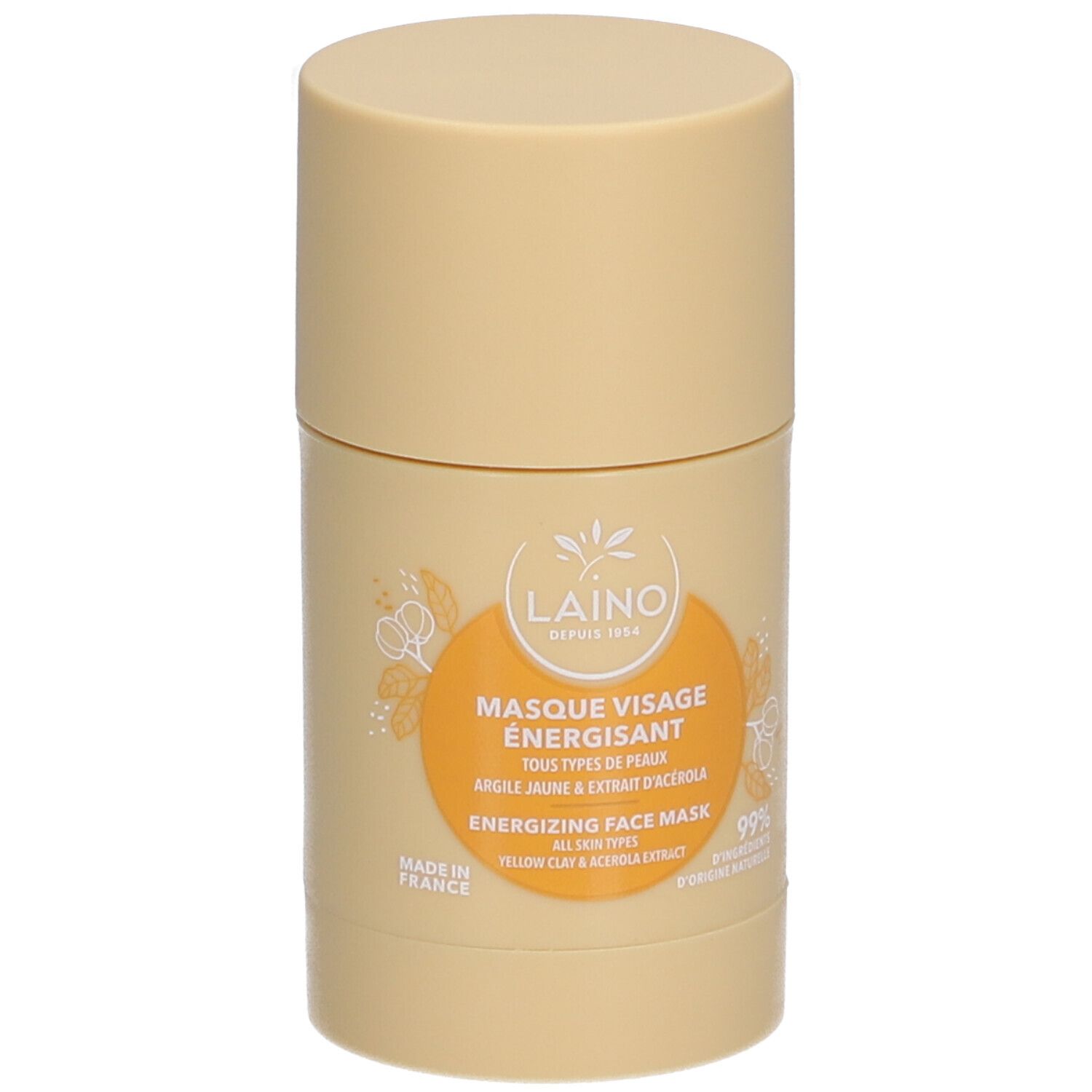 Beige zylindrische Verpackung. Aufkleber mit Produktinformationen und Logo. Text: Masque Visage Énergisant, Energizing Face Mask.