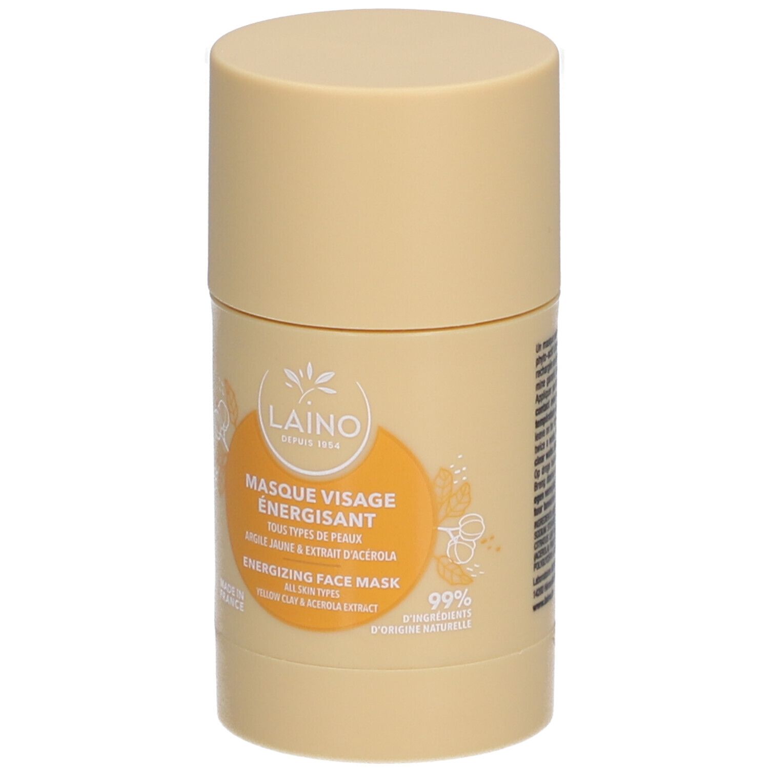 Beige zylindrische Verpackung. Aufkleber mit Produktinformationen und Logo. Text: Masque Visage Énergisant, Energizing Face Mask.