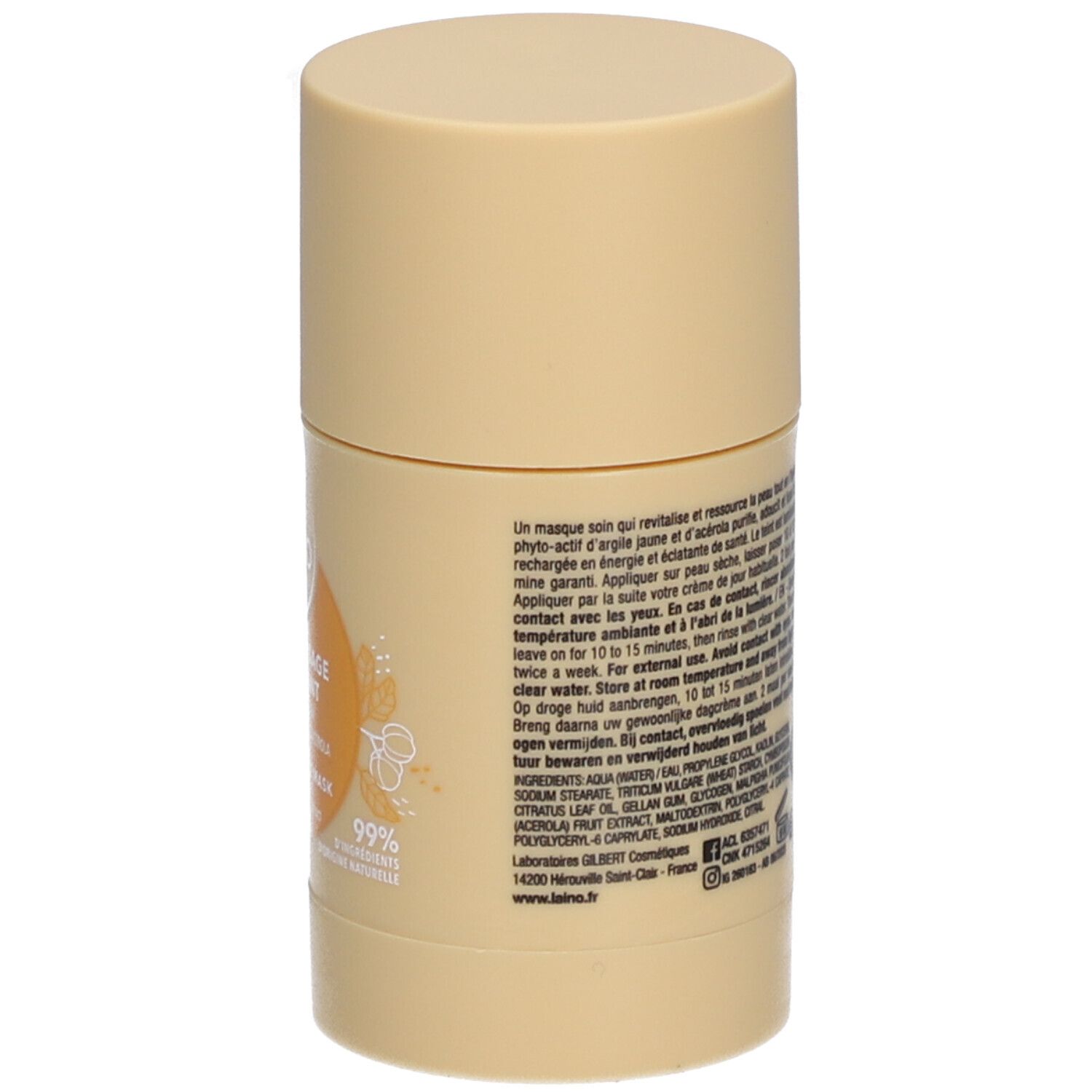 Beige zylindrische Verpackung. Text und Informationen auf Etikett. Text: 99% d'ingrédients d'origine naturelle.