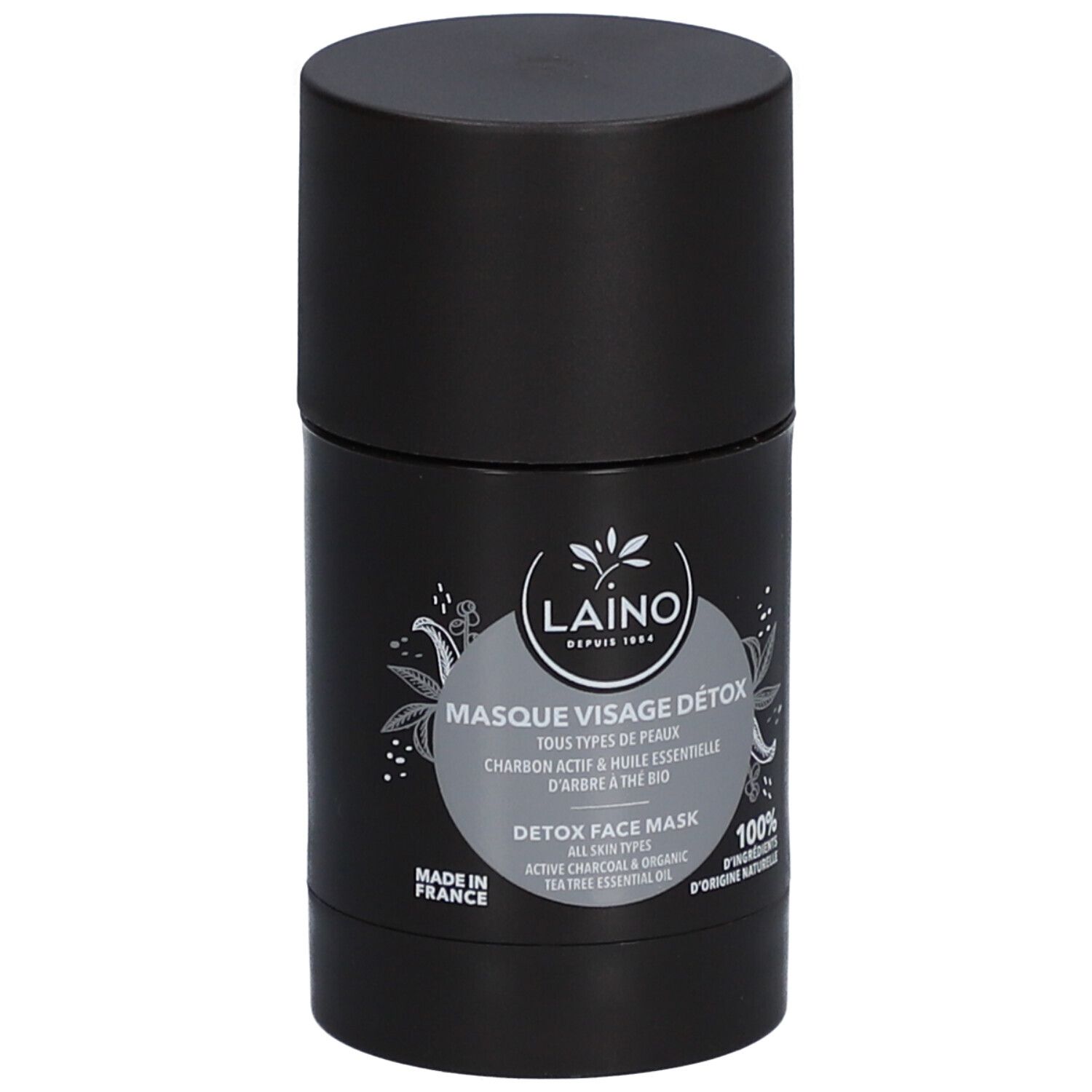 Zylindrische, schwarze Verpackung. Aufschrift: Laino, Masque Visage Détox, Detox Face Mask. Hergestellt in Frankreich.