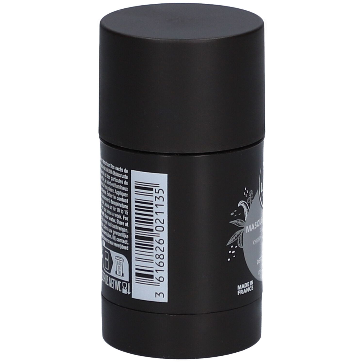 Schwarze, zylindrische Verpackung. Rückseite mit Text und Barcode. Hergestellt in Frankreich. Gewicht: 65g.