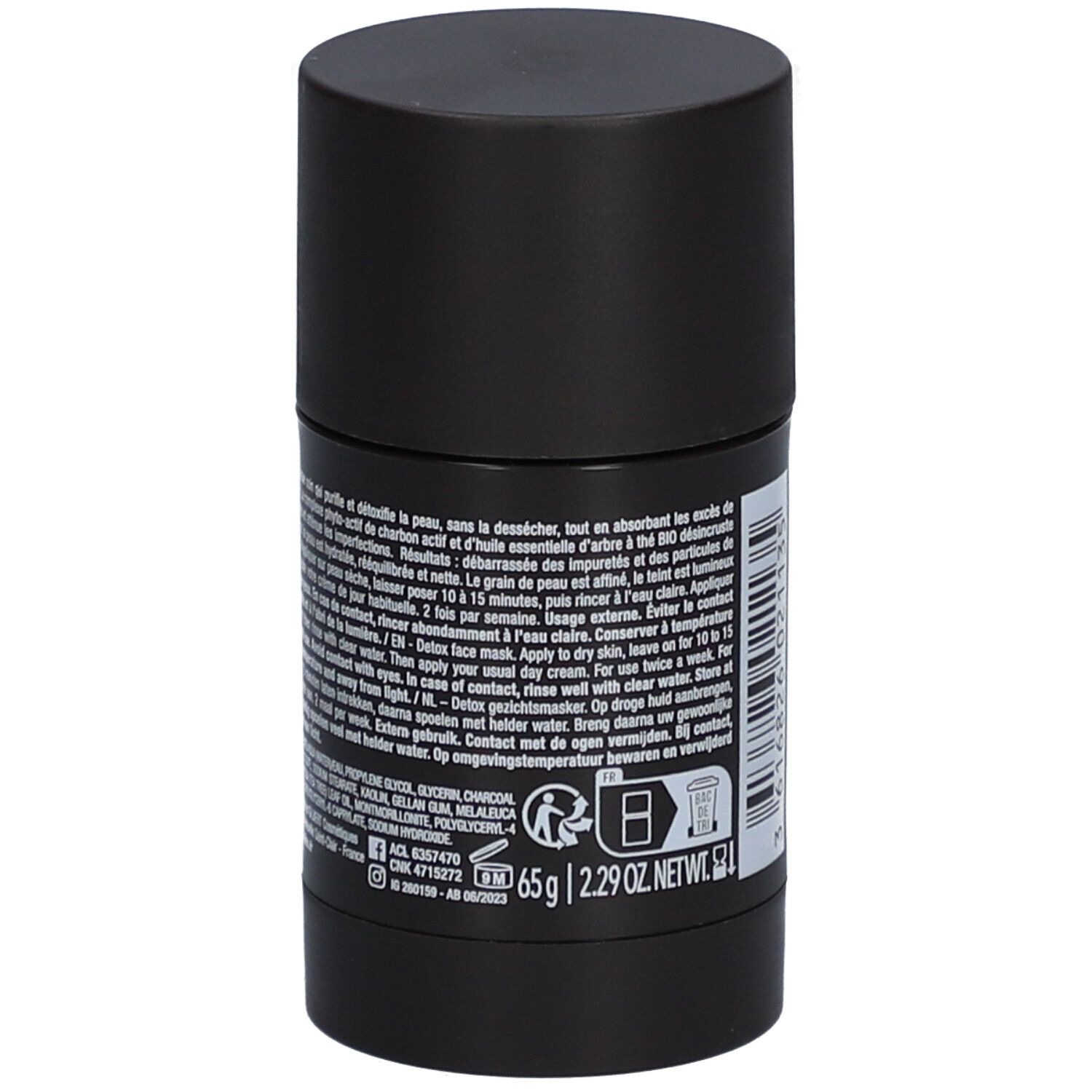 Schwarze, zylindrische Verpackung. Rückseite mit Text und Barcode. Hergestellt in Frankreich. Gewicht: 65g.