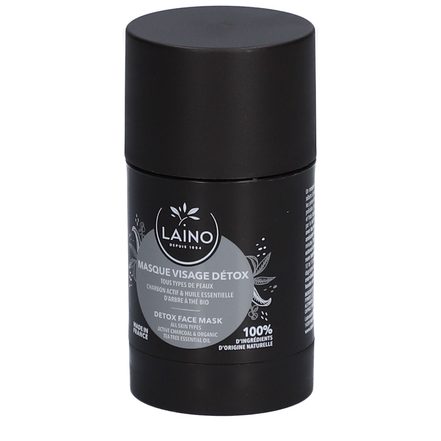 Zylindrische, schwarze Verpackung. Aufschrift: Laino, Masque Visage Détox, Detox Face Mask. Hergestellt in Frankreich.