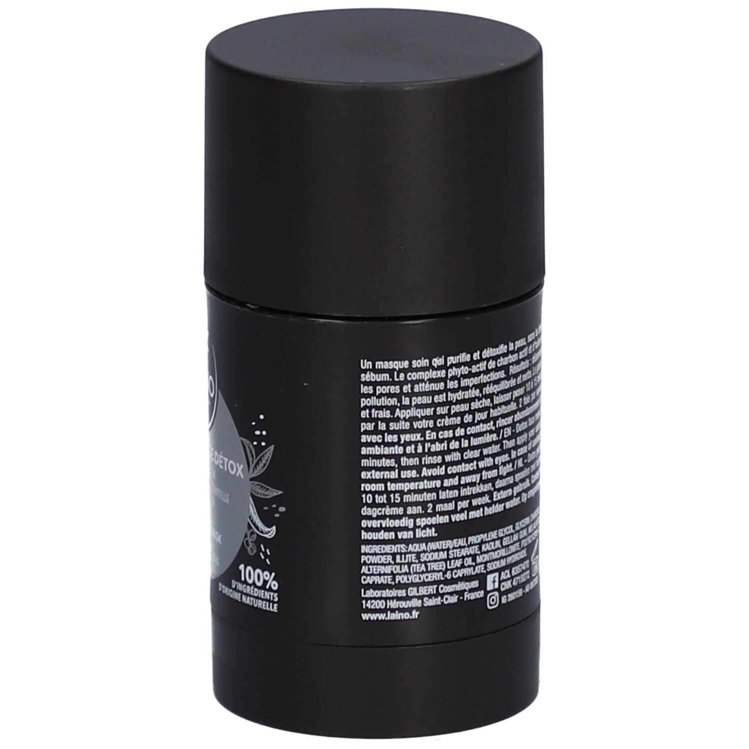Schwarze, zylindrische Verpackung. Aufschrift: Laino, Masque Visage Détox, Detox Face Mask. Hergestellt in Frankreich.