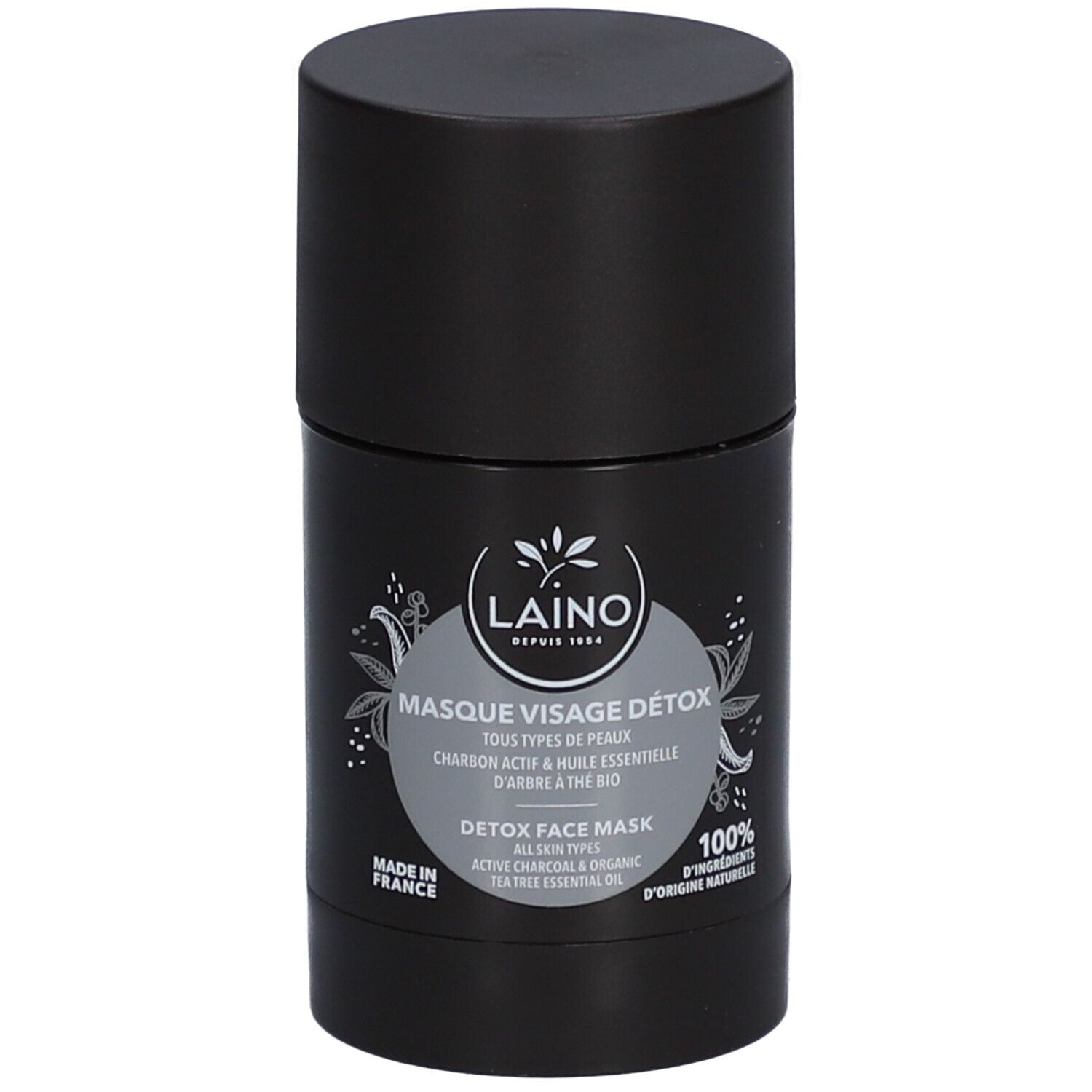 Zylindrische, schwarze Verpackung. Aufschrift: Laino, Masque Visage Détox, Detox Face Mask. Hergestellt in Frankreich.
